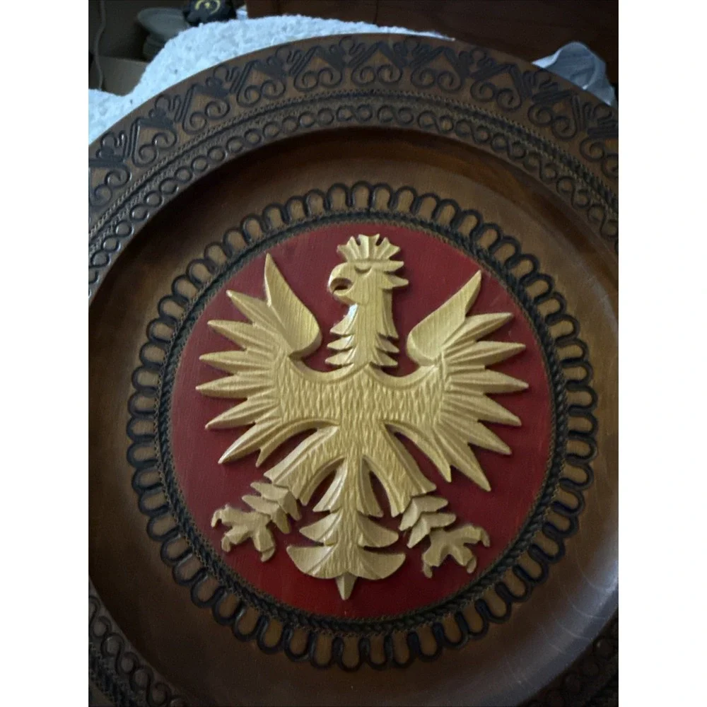 Polish Eagle Wooden Carved Plate Wall Hanging Folk Art Poland Coat of Arms 9.5